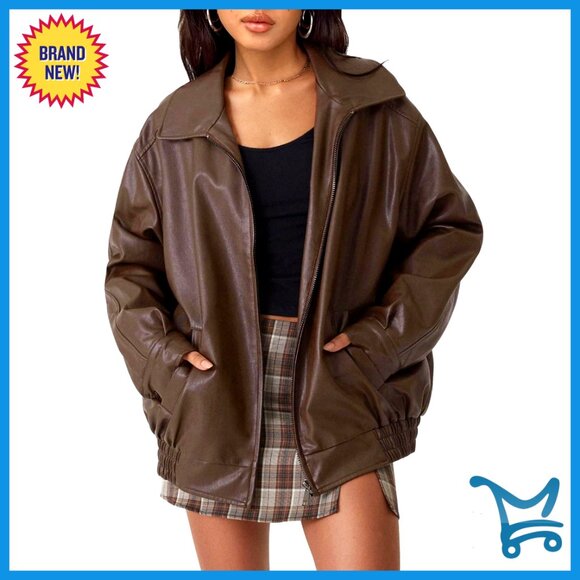 Oversized Faux Leather Motorcycle Jacket with Zipper Closure